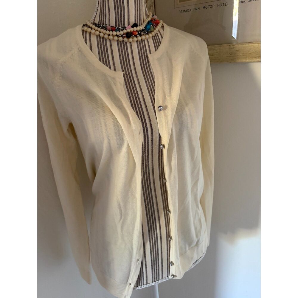 100% Fine Merino Wool Cream Colored Gemed Button Cardigan  *AS IS*